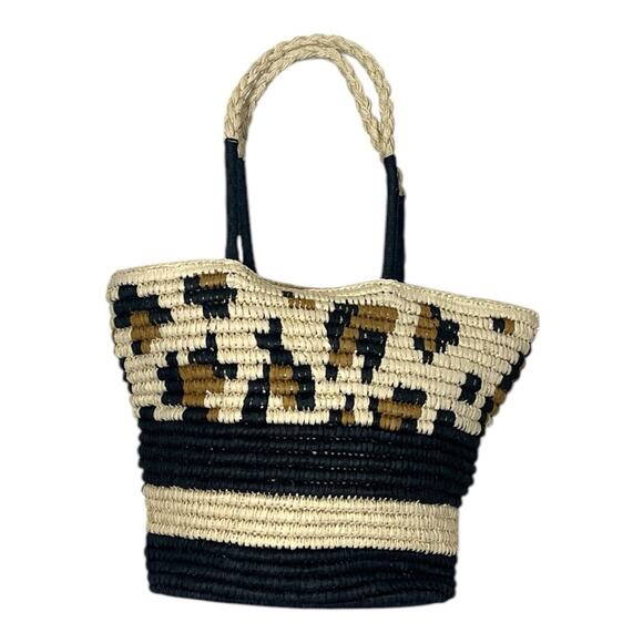 Women’s Tote Bag Woven Braided Casual Zip Closure Black Natural Size Large - Picture 1 of 8